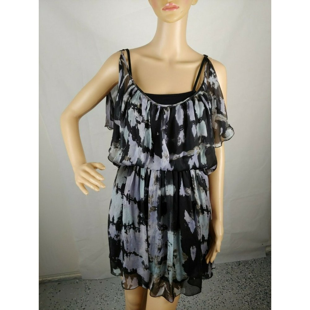 Akiko Womens Cinch Waist Dress 100% Silk  Grey Multicolor Sz X-Small NWT